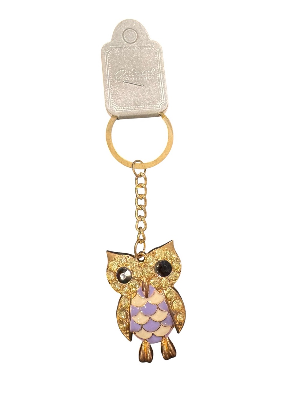 Gold Owl Keychain with Lilac Enamel & Rhinestone Eyes